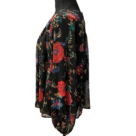 MAEVE by Anthropologie Long-Sleeve Pleated Floral Peasant Blouse in Black-Small - Picture 9 of 13